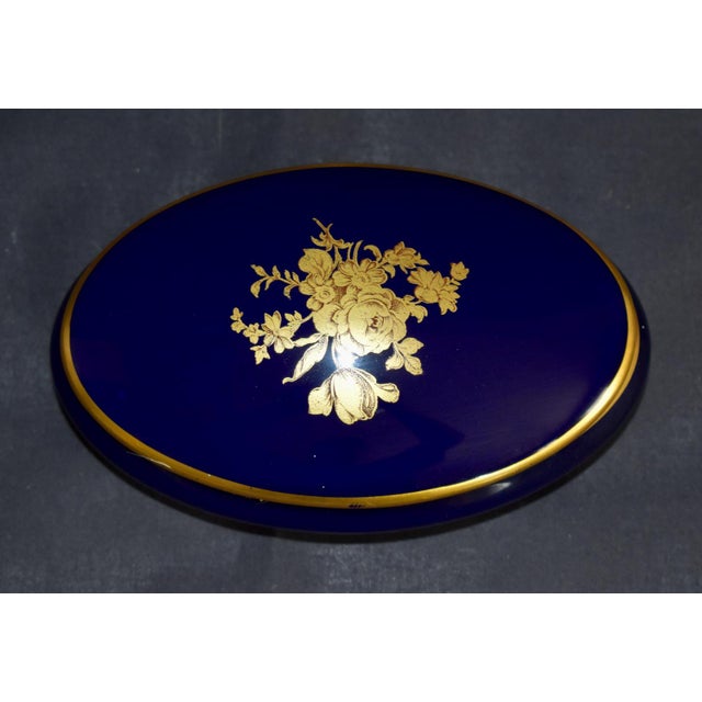 Limoges Oval Trinket Box France Cobalt Blue Porcelain Gold Floral 22k Vintage For Sale - Image 9 of 15
