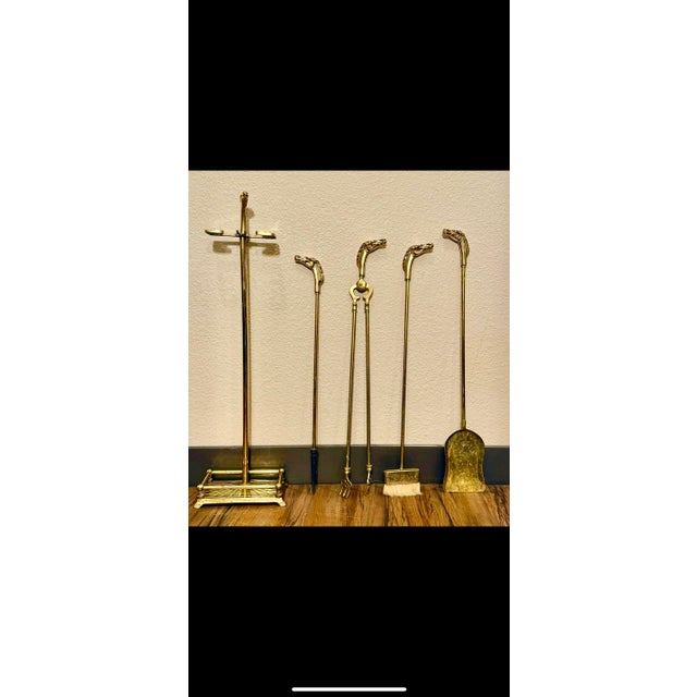 Vintage Five Piece Solid Brass Horse Head Fire Tool Set Circa 1970's Very Good Condition Set Includes Stand, Shovel, Fire...