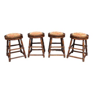 Set of 4 Guy Chaddock Country French Cherry Swivel Bar Stools With Upholstered Seats For Sale