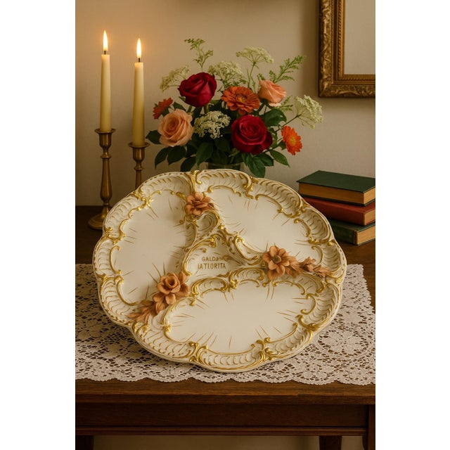 Rococo 1950s Italian Rococo Revival Divided Ceramic Serving Tray With Applied Florals & Gilt Accents For Sale - Image 3 of 6