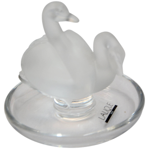 French Lalique Deux Cygnes Pair of Swans Clear and Satin Crystal Ring Dish