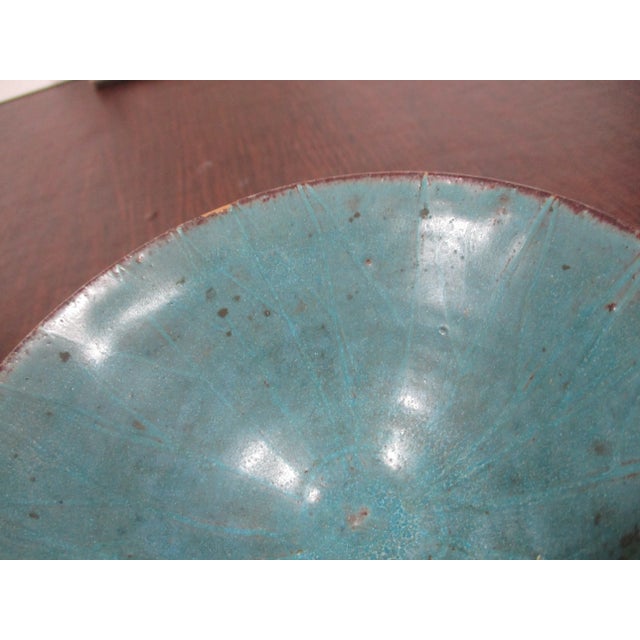 Teal Blue Glazed Art Bowl Circa 1990s For Sale In New York - Image 6 of 9