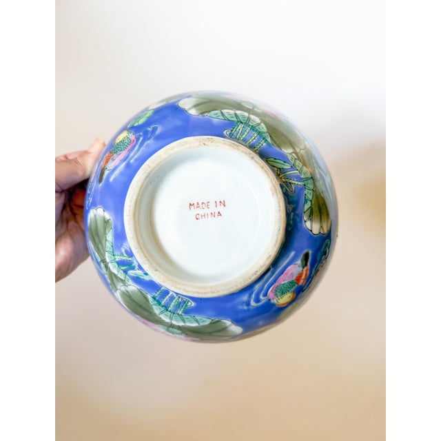 Vintage Chinoiserie Blue Bowl With Lily Pad and Mandarin Ducks For Sale - Image 9 of 9
