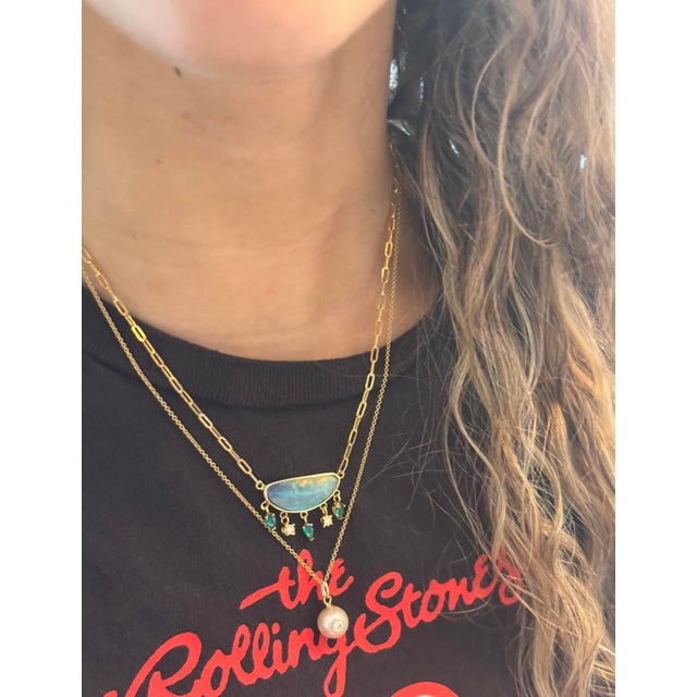 14k Gold Australian Opal Necklace With Emeralds & Diamonds For Sale - Image 4 of 12