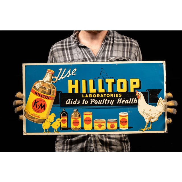 c. 1930s; Hilltop Laboratories - Minneapolis, MN Painted tin poultry and livestock medication advertisement. This piece...