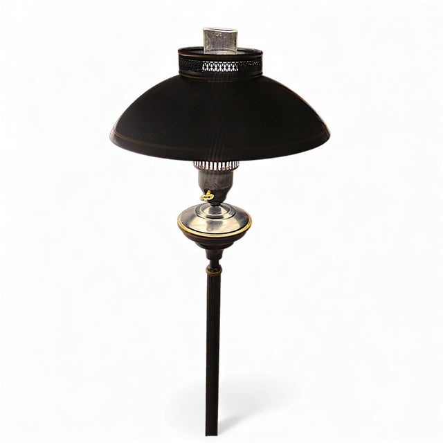 Vintage French Empire Hurricane Lamp Style Black Floor Lamp With Toleware Shade For Sale - Image 10 of 10