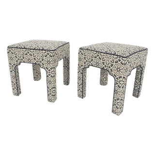 Pair of Square Upholstered Black & White Benches in Style of Billy Baldwin For Sale
