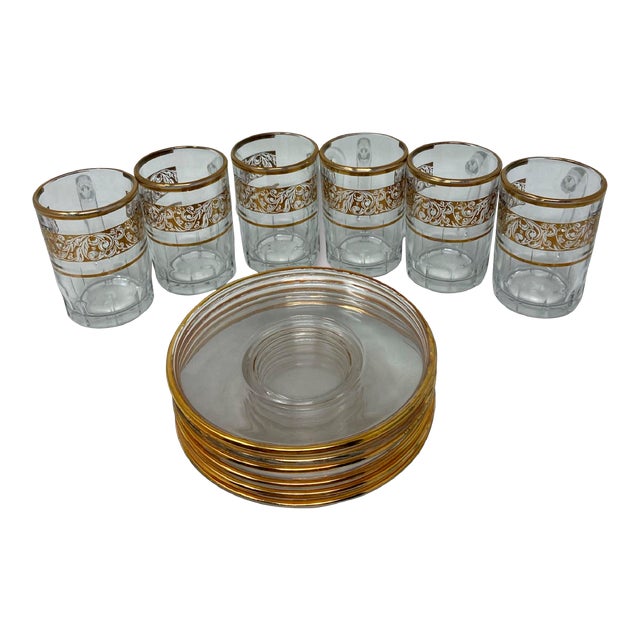 Vintage Glass Coffee Set with Gold Embellishment- 12 Pieces For Sale