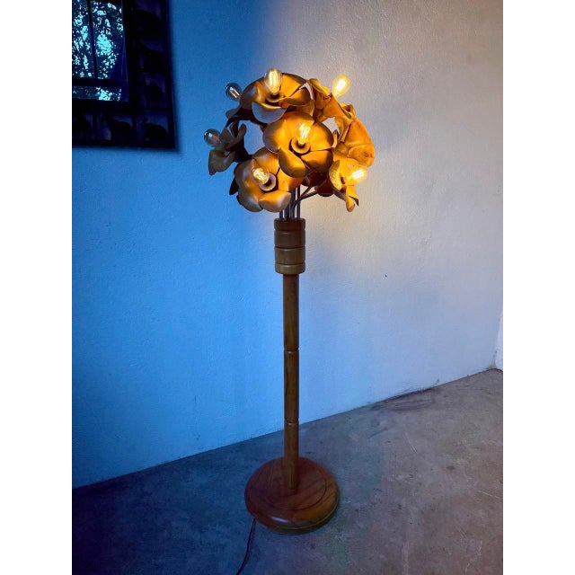 Elm Floor Lamp with Flower Motifs, 1970s For Sale - Image 6 of 18