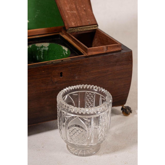 Early 19th Century Georgian Rosewood Tea Caddy With Brass Handles + Brass Claw Feet | Original Fittings + Green Interior For Sale - Image 9 of 10