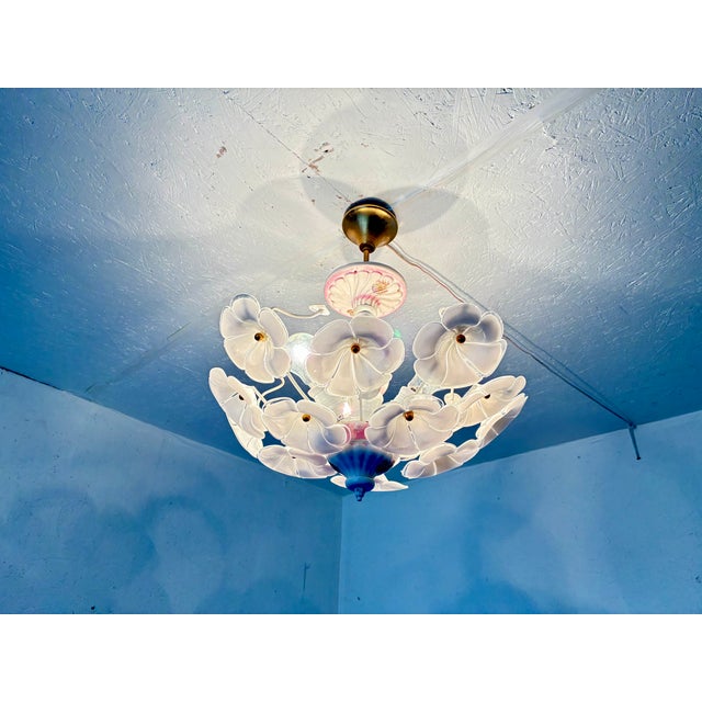 Vintage White Murano Style Floral Chandelier | Italian Art Deco Ceiling Light | 1980s Glass Flower Lighting For Sale - Image 12 of 17