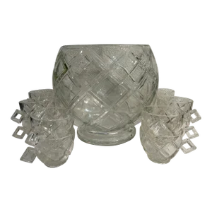 Mid 20th Century Colony Glass Footed “Diamond Block” Punch Bowl and 11 Cups - a Set of 12 Pieces