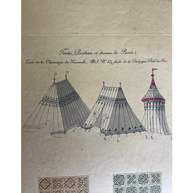 This etching reproduction depicts three tents and some decorative pavers. The print is titled "Tentes, pavillons et...
