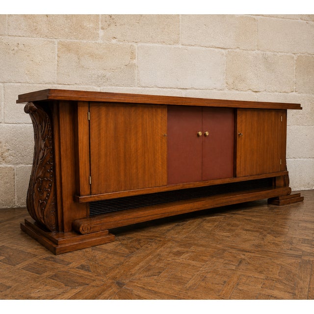 Art Deco Sideboard in Walnut and Leather on Architectural Base with Scrolls, 1930s For Sale - Image 4 of 4
