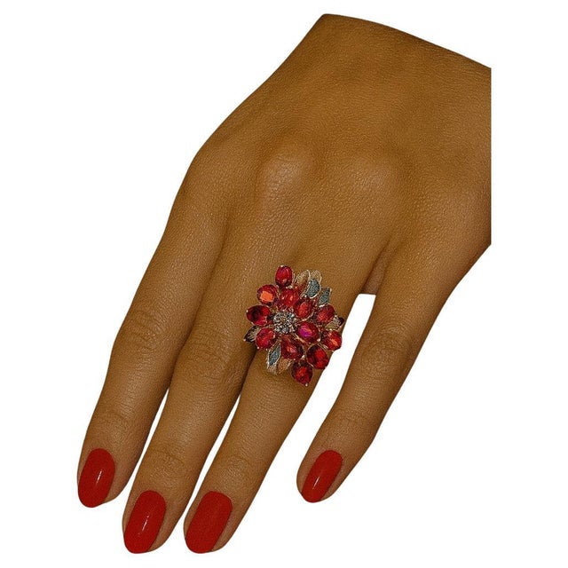 Bochic “Orient” Vintage Orange Sapphire & Cognac Diamond Ring Set In 18K Gold & Silver For Sale - Image 4 of 11