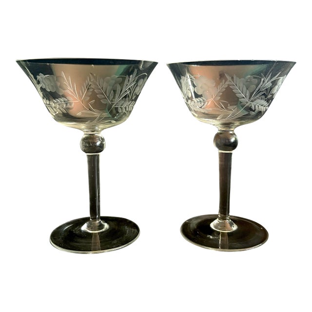 1950s Mid Century Modern Colony “Danube” Etched Champagne Glasses – Set of 2 For Sale