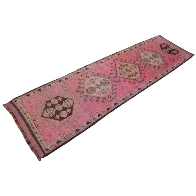 Textile Pink Kurdish Runner Rug. Hand-Knotted Tribal Turkish Runner - 3′3″ × 12′ For Sale - Image 7 of 15