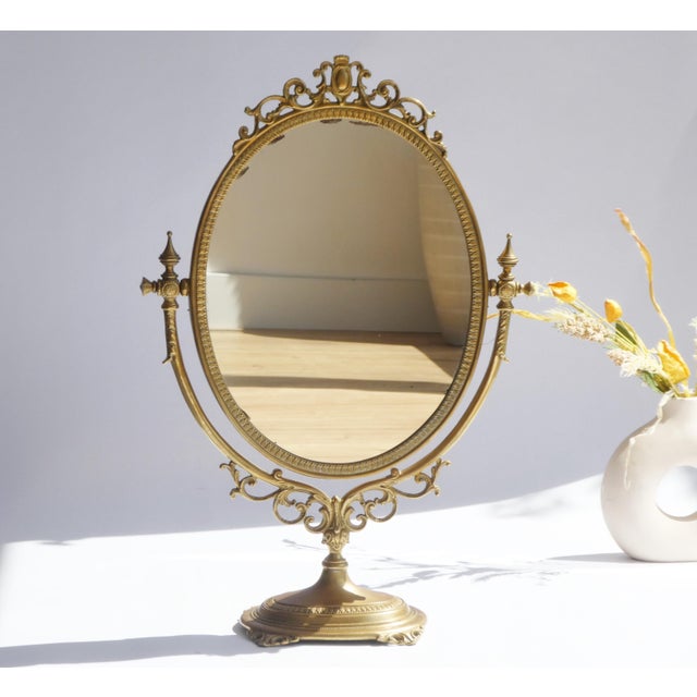 Mid-Century Oval Ornate Brass Vanity Swivel Mirror, 1960s For Sale - Image 4 of 10