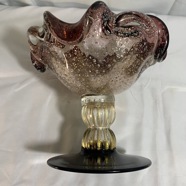 Gold Vintage Venetian Murano Art Glass Compote Pedestal Bowl Gold Fleck and Bullicante For Sale - Image 8 of 9