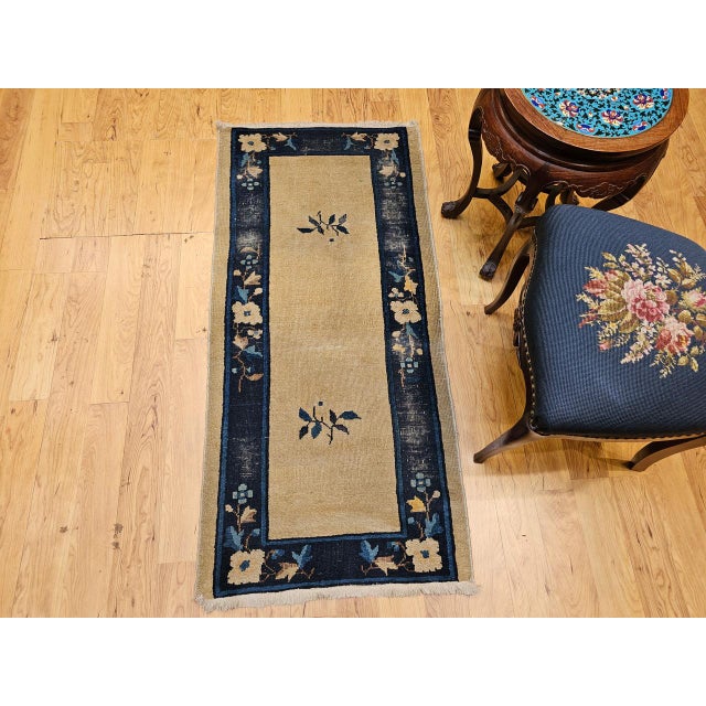 Late 19th Century Chinese Peking Rug, Hand-Knotted Wool, Tan & Navy, 3' x 5' For Sale - Image 14 of 15