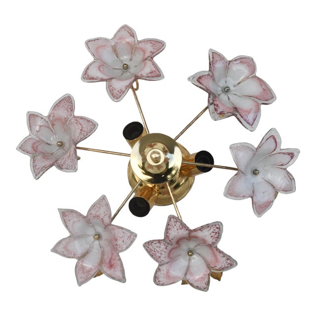 Vintage Charming Murano Ceiling Light Pink Flowers, 1970s For Sale