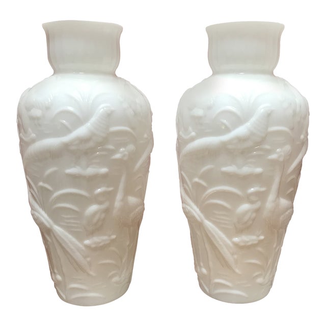 Vintage Tropical Bird Pressed Milk Glass Vases A Pair Chairish