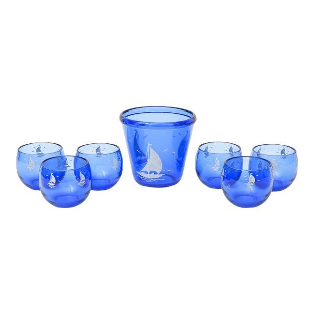 Vintage Light Royal Blue Glass Ice Bucket With Sailboat and Six Round Small Cordial Glasses For Sale