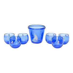 Vintage Light Royal Blue Glass Ice Bucket With Sailboat and Six Round Small Cordial Glasses