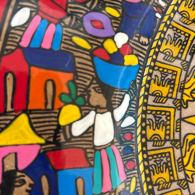 Vintage Hand Painted Terracotta Mexican Wedding Plate With Aztec Calandar For Sale - Image 9 of 11