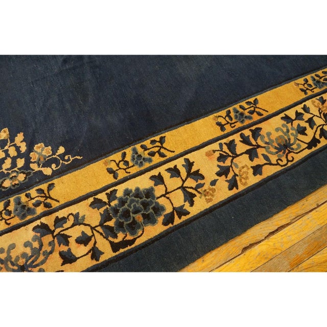 1920s Navy Solid Medallion Antique Chinese Peking Rug Knotted Wool 10' X 12' 7" For Sale - Image 4 of 9