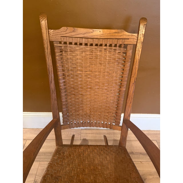 Farmhouse Antique Oak Rocking Chair With Woven Splint Seat and Back For Sale - Image 3 of 16