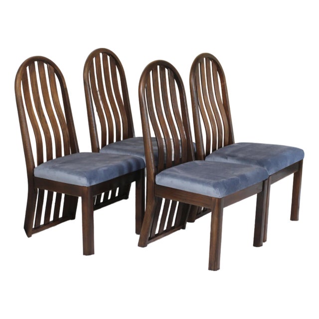 Set of 4 Oak Arched Dining Chairs With Blue Velvet Upholstered Seats For Sale