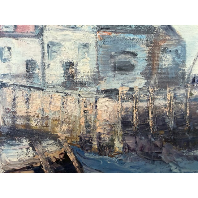 V. Caskey Coastal Harbor Vintage Oil Painting Signed 1975 Maritime Seascape Art For Sale - Image 4 of 12
