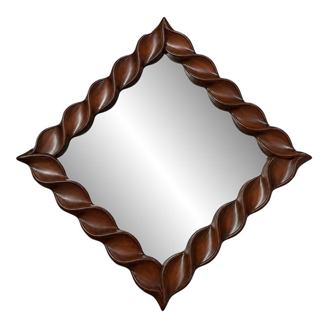 Vintage 1970s Sculptural Twisted Wood Frame Wall Mirror, Square or Diamond For Sale