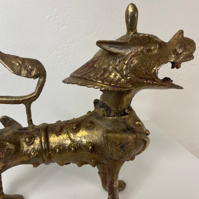 Brass Mid-Century Tibetan Brass or Bronze Guardian Lion Foo Dog Sculpture For Sale - Image 8 of 10