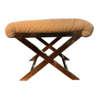 1970s Vintage Velvet Stool With Polished Brass X-Frame For Sale