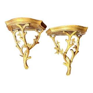 1990s Pair of Gilt Chelsea House Faux Bois Wall Brackets For Sale