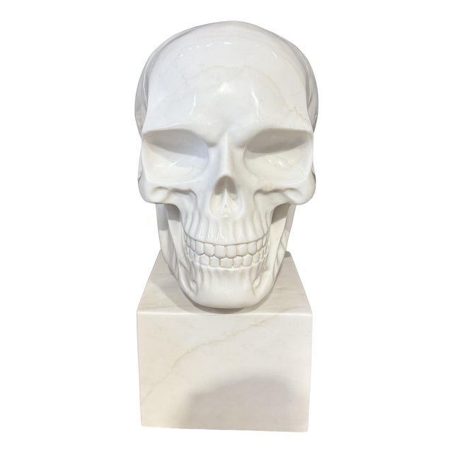 Hand-Carved Skull Sculpture on Square Plinth, White Marble For Sale