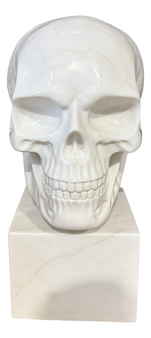 Hand-Carved Skull Sculpture on Square Plinth, White Marble