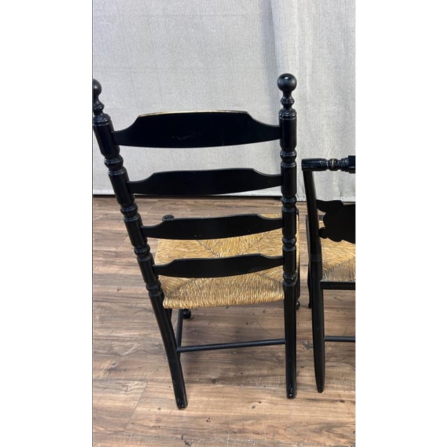 Chair Vintage L. Hitchcock French Country Black Ladder Back Rush Chair Stenciled For Sale In Los Angeles - Image 6 of 6