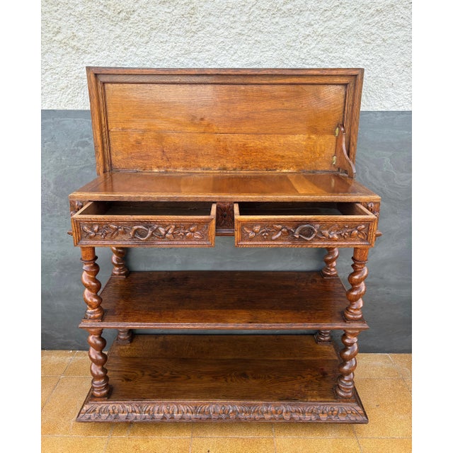 Carved Oak Barley Twist Console Table With Shelves For Sale - Image 12 of 14
