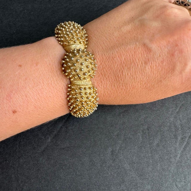 Vintage Monet Hinged Bangle Bracelet Textured Gold Tone Statement Vintage condition with general wear, fading to the gold...