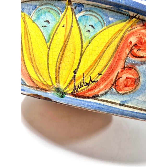 Blue Vintage Italian Majolica Style Planter Bowl – Hand Painted Mediterranean Terracotta Centerpiece For Sale - Image 8 of 12