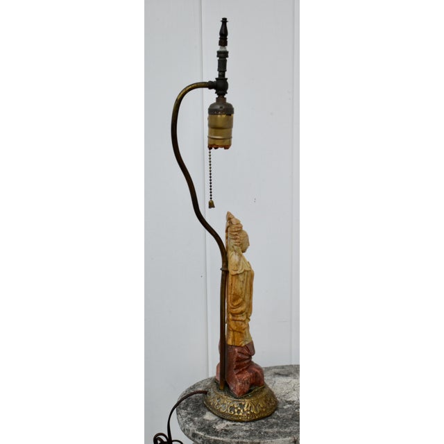 Brass Antique Carved Soapstone Lamp of the Goddess Guanyin on Ornate Brass Base For Sale - Image 8 of 12