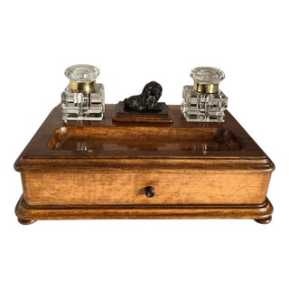 19th Century Olive Wood Twin Inkwell Standish with Bronze Lion Dog For Sale