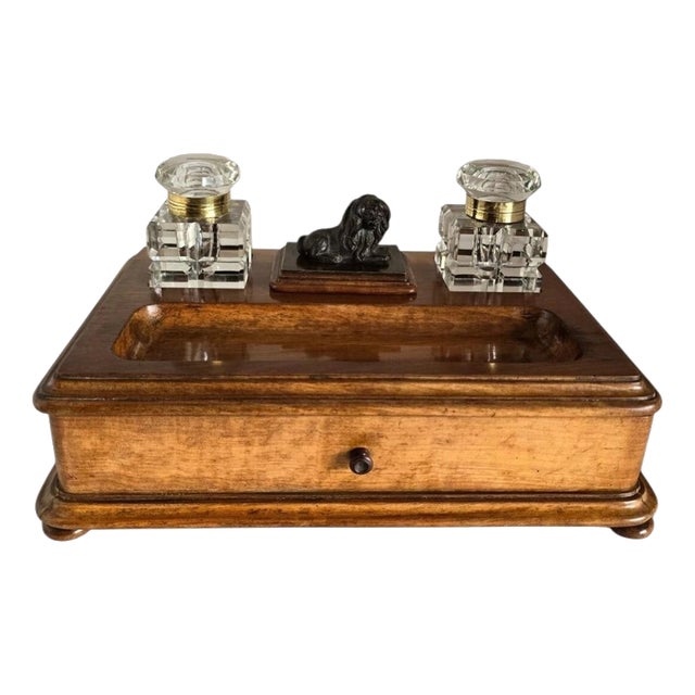 19th Century Olive Wood Twin Inkwell Standish with Bronze Lion Dog For Sale