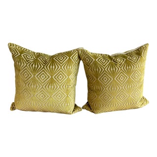 Pair Chartreuse Cut Velvet Pillows For Sale