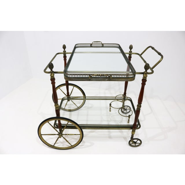 Brown Neoclassical Brass Bar Cart with Pinecone Finials from Maison Baguès, France, 1940s For Sale - Image 8 of 18