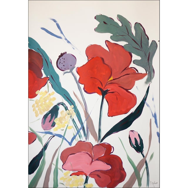 2020s 2025, Illustration Style, Original Painting, Large Triptych Landscape, French Prairie, Poppies and Wildflowers, Acrylic Paint on Watercolor Paper For Sale - Image 5 of 11