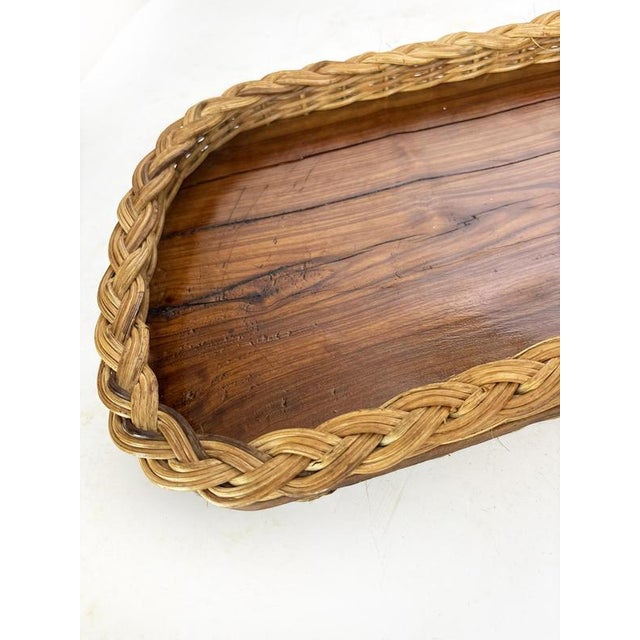 Vintage French Tray in Olive Wood and Rush, 1960 For Sale - Image 11 of 16